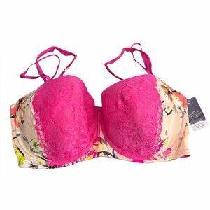 Cacique Lightly Lined Multi Way Strapless Bra Size 42G Pink Floral Lace NWT